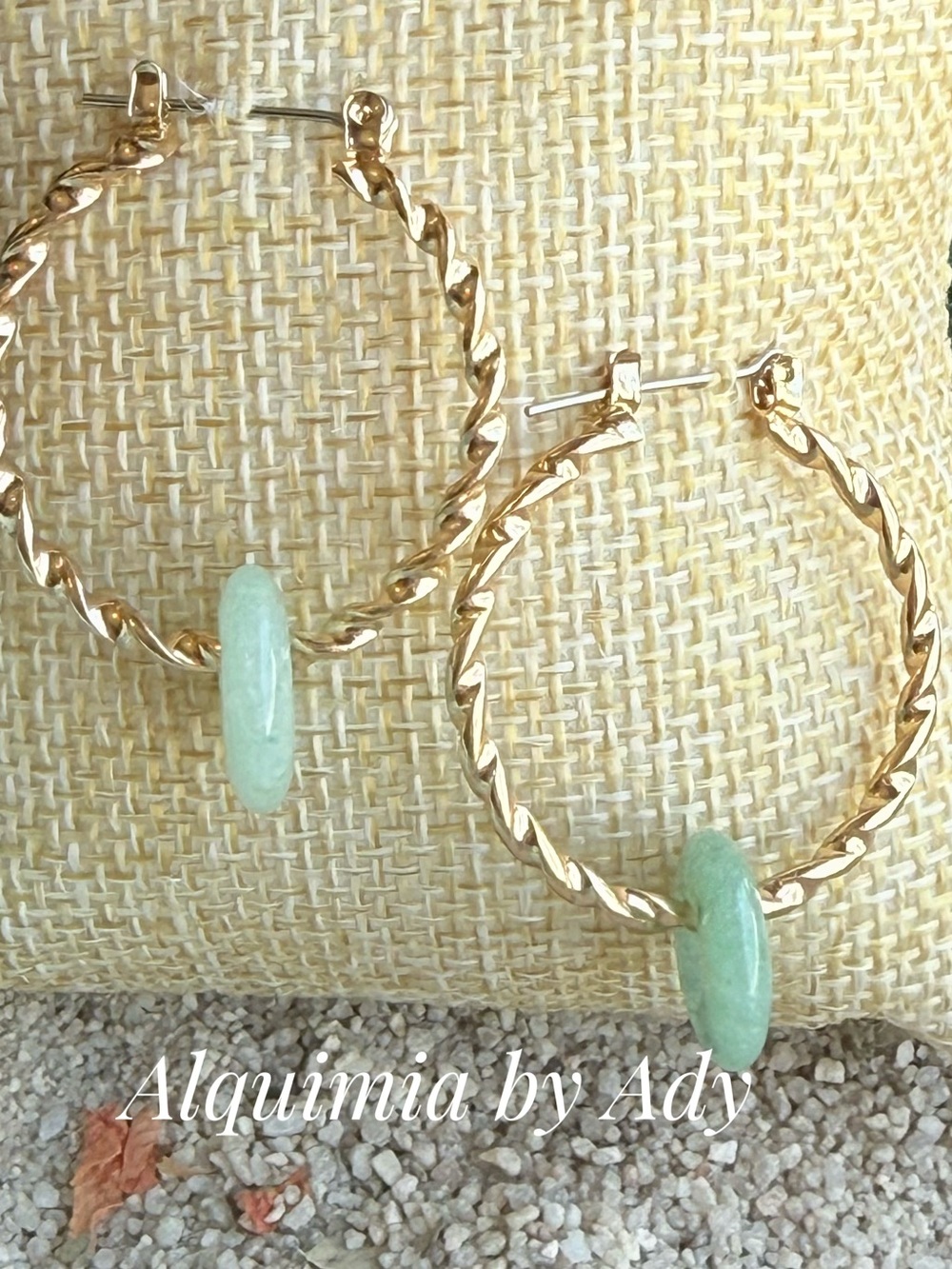 Alquimia Gold Twisted Hoop Earrings with Mint Green Stone